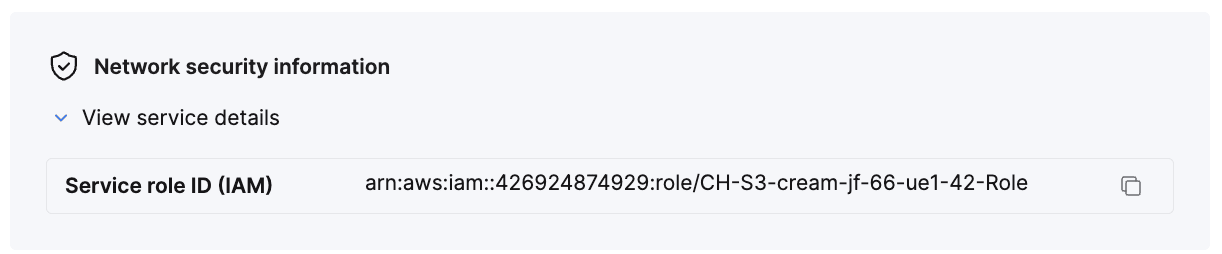 Service role ID (IAM) value in the Network security information section